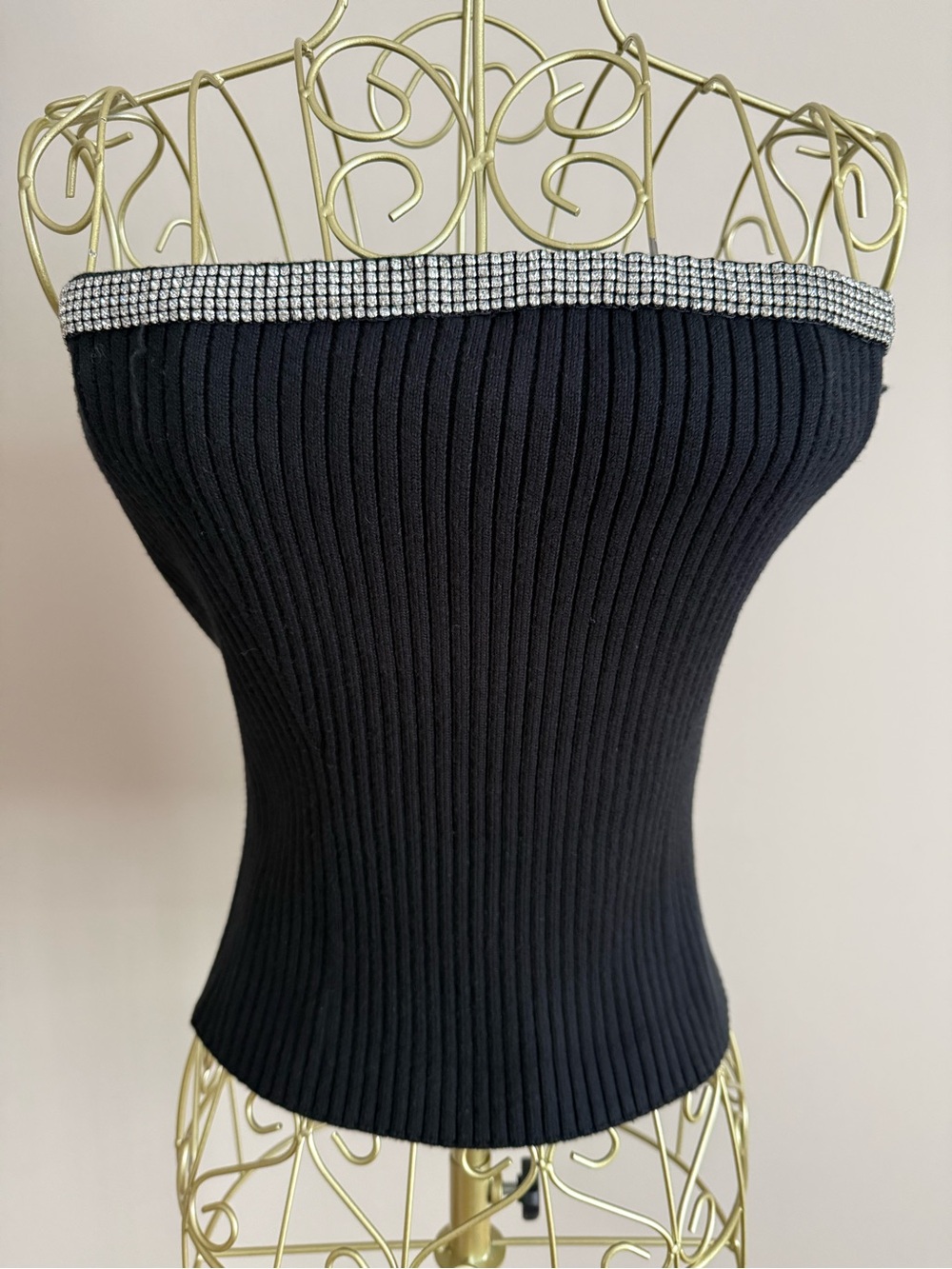 Black Ribbed Knit Top with Rhinestone Trim - Picture 10 of 10